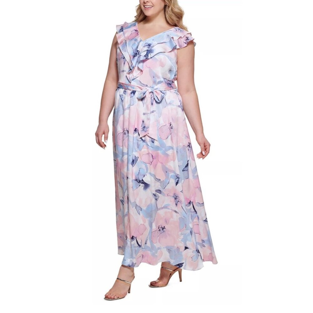 DKNY Plus Size Ruffled V Neck Floral Printed Maxi Dress Multicolored 20W